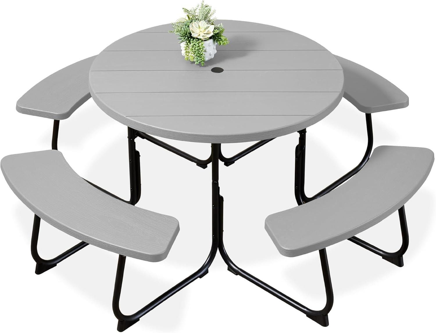 Arteva Living:  8-Person Outdoor Bench Patio Picnic Table, Circular w/ 4 Built-in Benches and Umbrella Hole, 2000lb Capacity - Green