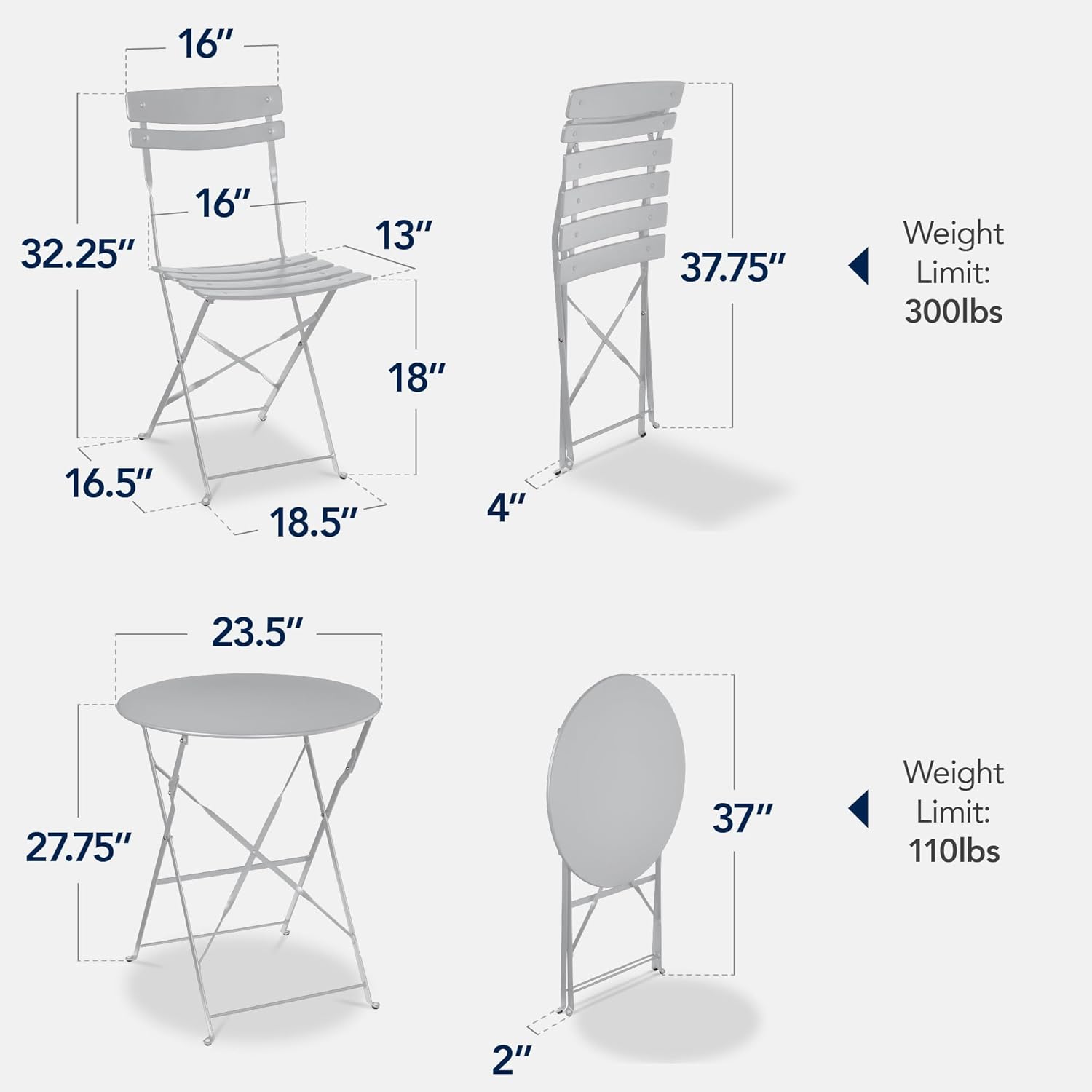 Arteva Living:  3-Piece Bistro Set, Space Saving Folding Design, Solid Steel, Outdoor Patio Furniture Set w/ 2 Chairs, Bistro Table - Sage