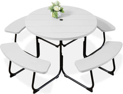 Arteva Living:  8-Person Outdoor Bench Patio Picnic Table, Circular w/ 4 Built-in Benches and Umbrella Hole, 2000lb Capacity - Green