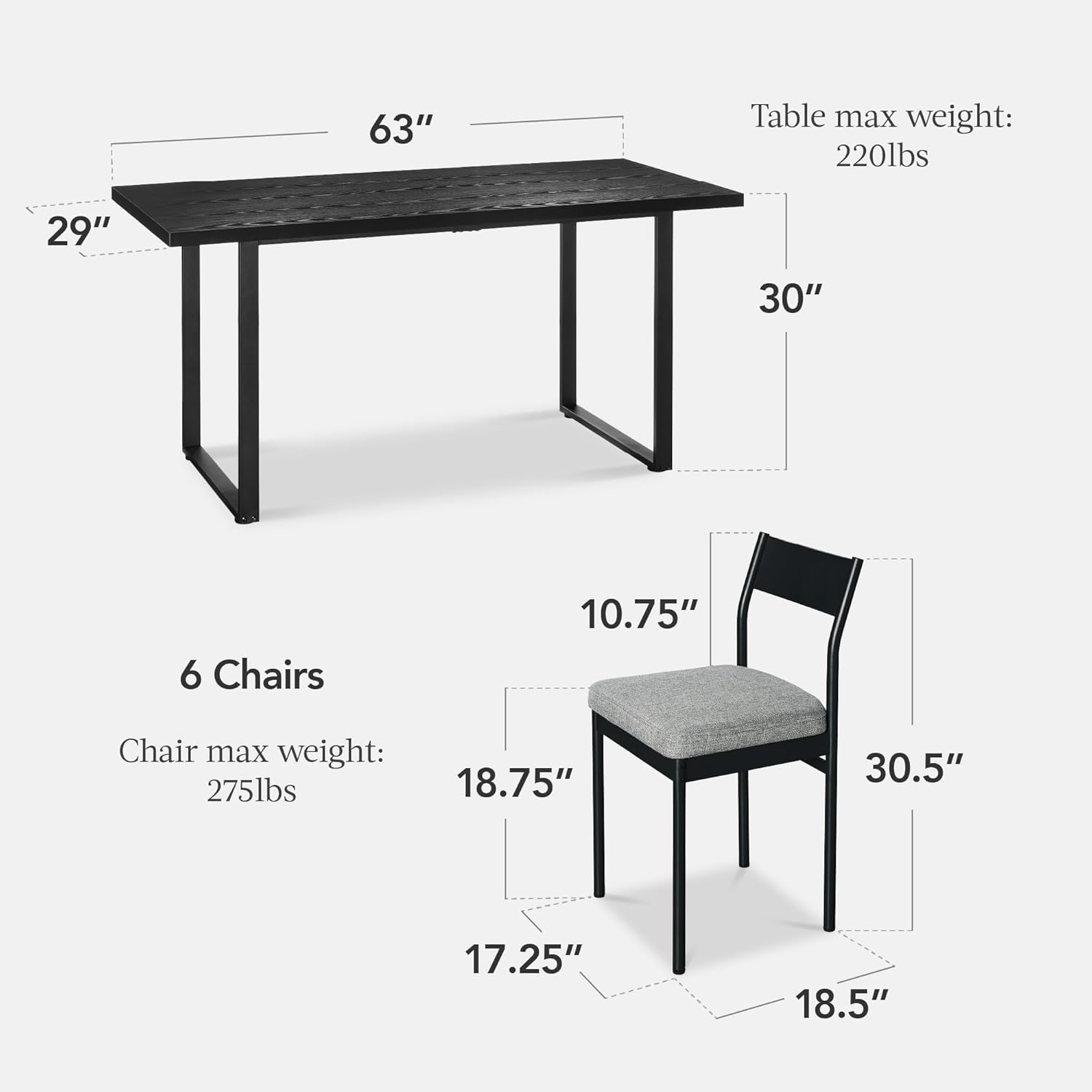 Arteva Living:  7-Piece Modern Dining Room Set, Kitchen Table Set, Dining Table w/ 6 Chairs, Upholstered Cushions, Solid Metal Frame, Curved Backrest - Black/Ivory
