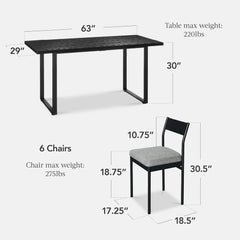 Arteva Living:  7-Piece Modern Dining Room Set, Kitchen Table Set, Dining Table w/ 6 Chairs, Upholstered Cushions, Solid Metal Frame, Curved Backrest - Black/Ivory