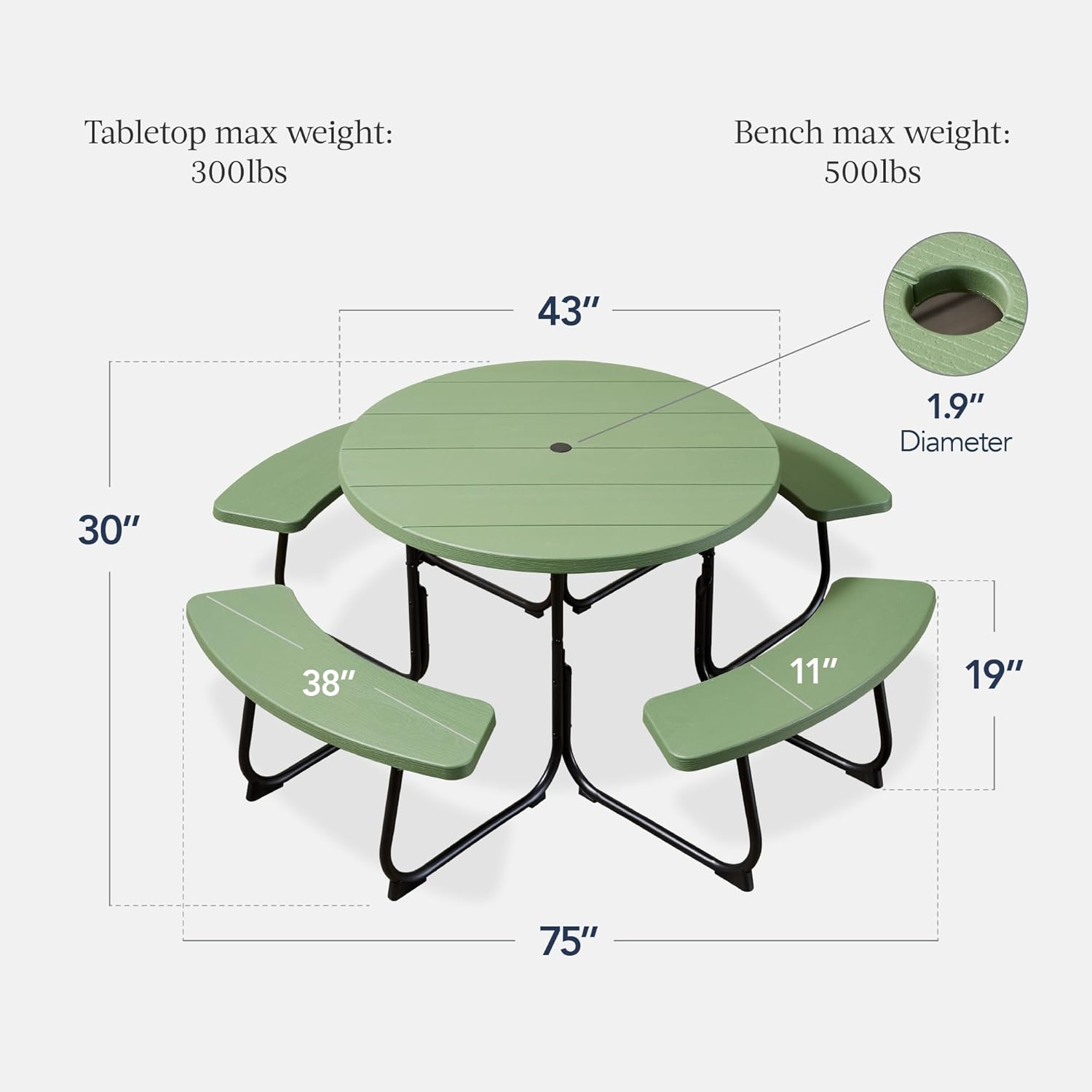 Arteva Living:  8-Person Outdoor Bench Patio Picnic Table, Circular w/ 4 Built-in Benches and Umbrella Hole, 2000lb Capacity - Green