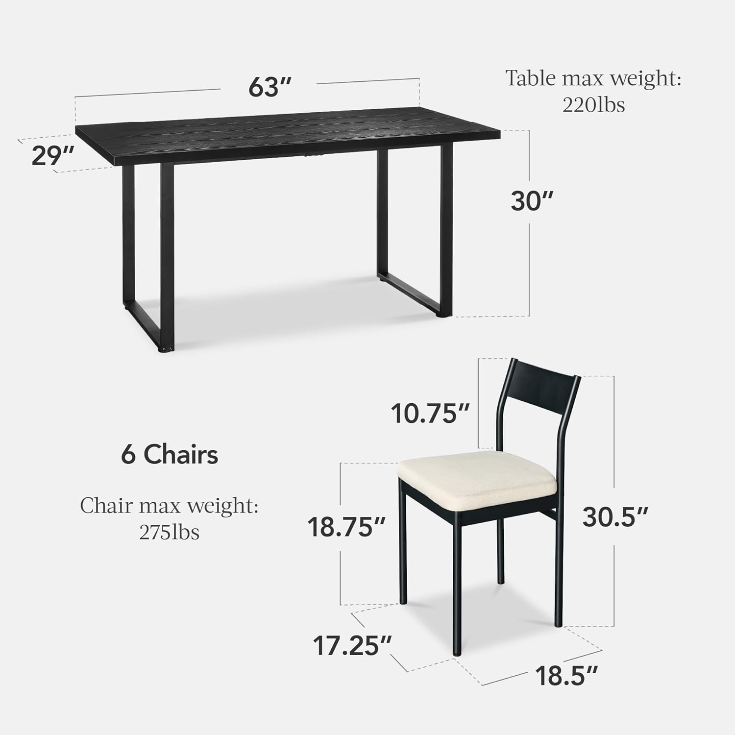 Arteva Living:  7-Piece Modern Dining Room Set, Kitchen Table Set, Dining Table w/ 6 Chairs, Upholstered Cushions, Solid Metal Frame, Curved Backrest - Black/Ivory