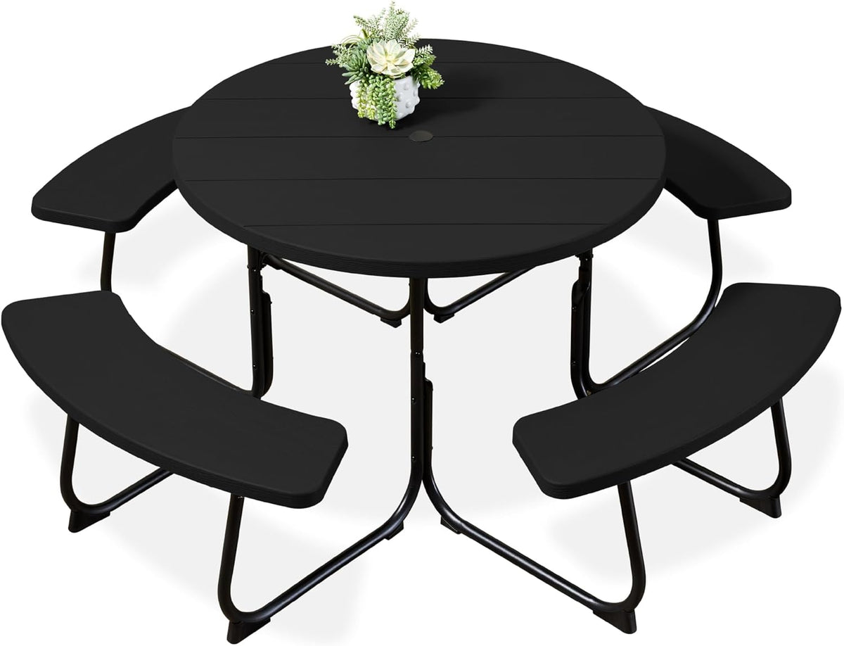 Arteva Living:  8-Person Outdoor Bench Patio Picnic Table, Circular w/ 4 Built-in Benches and Umbrella Hole, 2000lb Capacity - Green