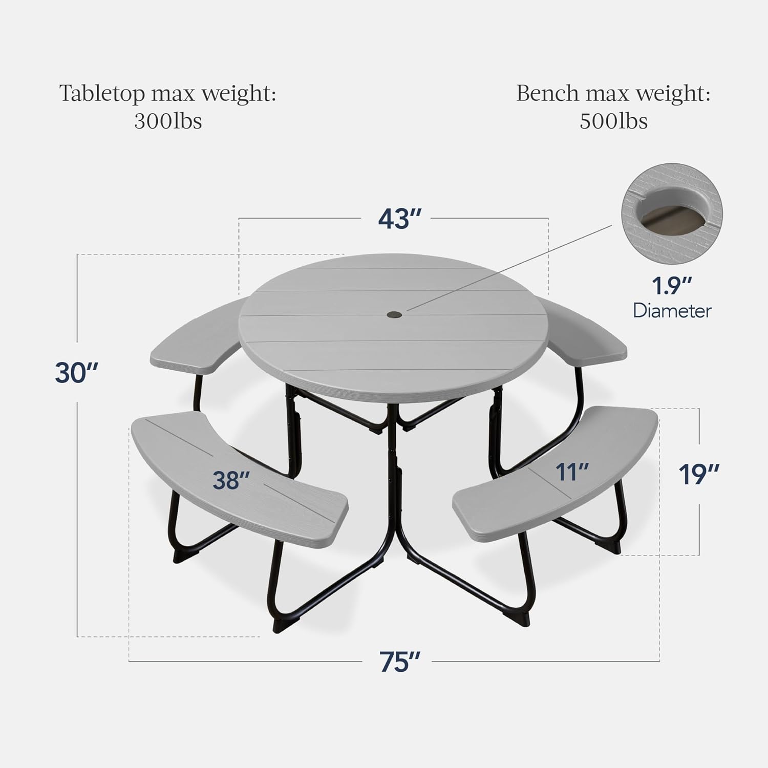 Arteva Living:  8-Person Outdoor Bench Patio Picnic Table, Circular w/ 4 Built-in Benches and Umbrella Hole, 2000lb Capacity - Green