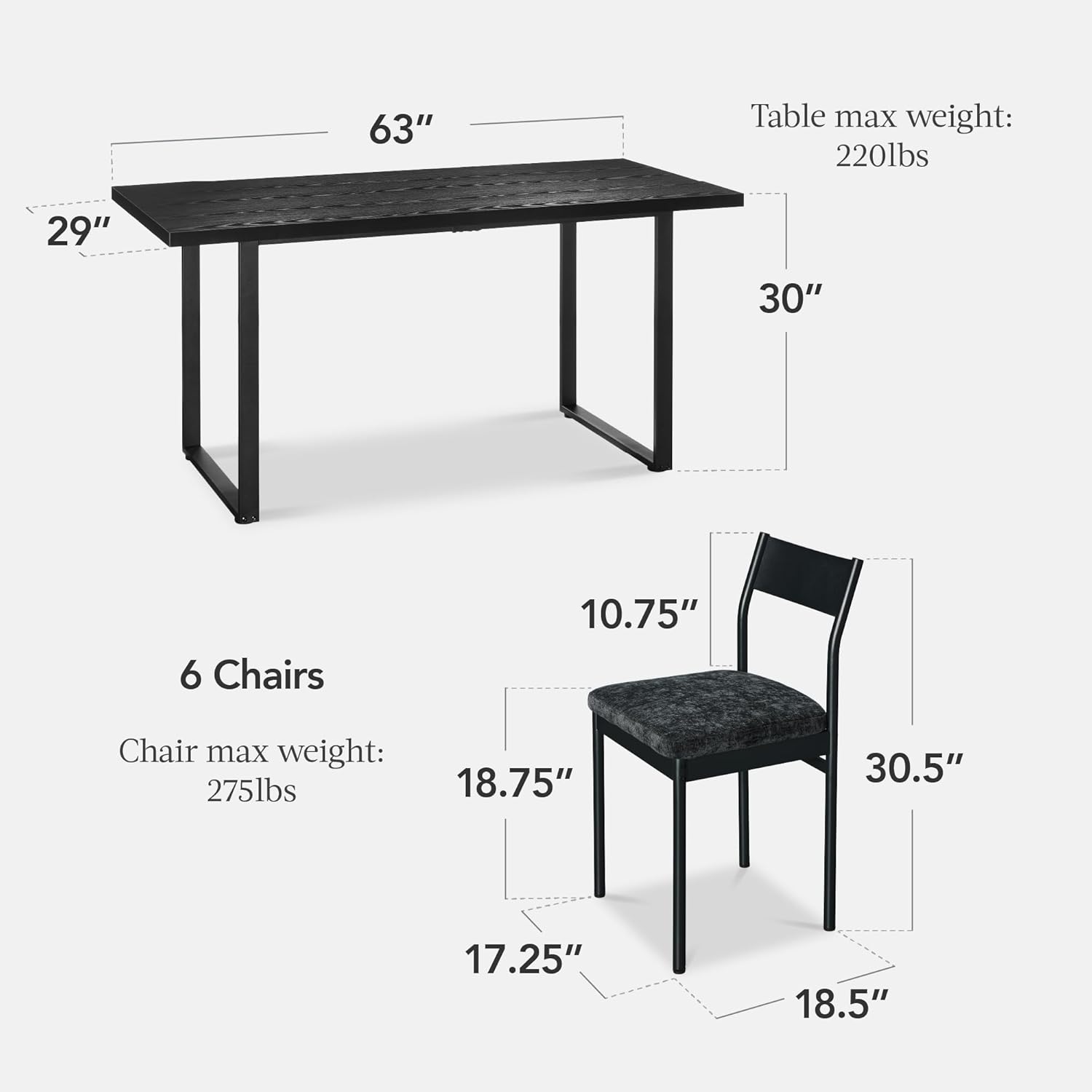 Arteva Living:  7-Piece Modern Dining Room Set, Kitchen Table Set, Dining Table w/ 6 Chairs, Upholstered Cushions, Solid Metal Frame, Curved Backrest - Black/Ivory