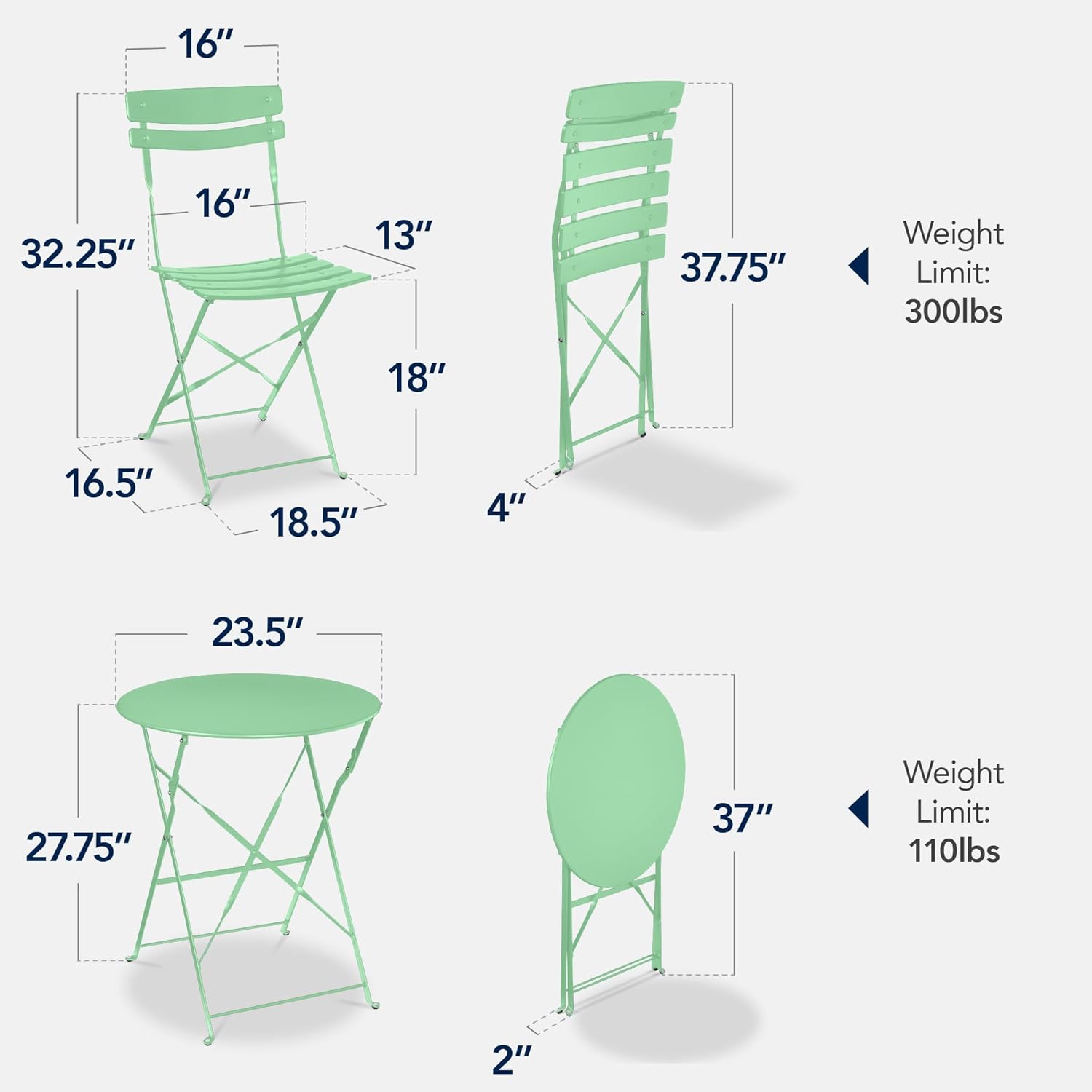 Arteva Living:  3-Piece Bistro Set, Space Saving Folding Design, Solid Steel, Outdoor Patio Furniture Set w/ 2 Chairs, Bistro Table - Sage