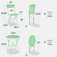 Arteva Living:  3-Piece Bistro Set, Space Saving Folding Design, Solid Steel, Outdoor Patio Furniture Set w/ 2 Chairs, Bistro Table - Sage