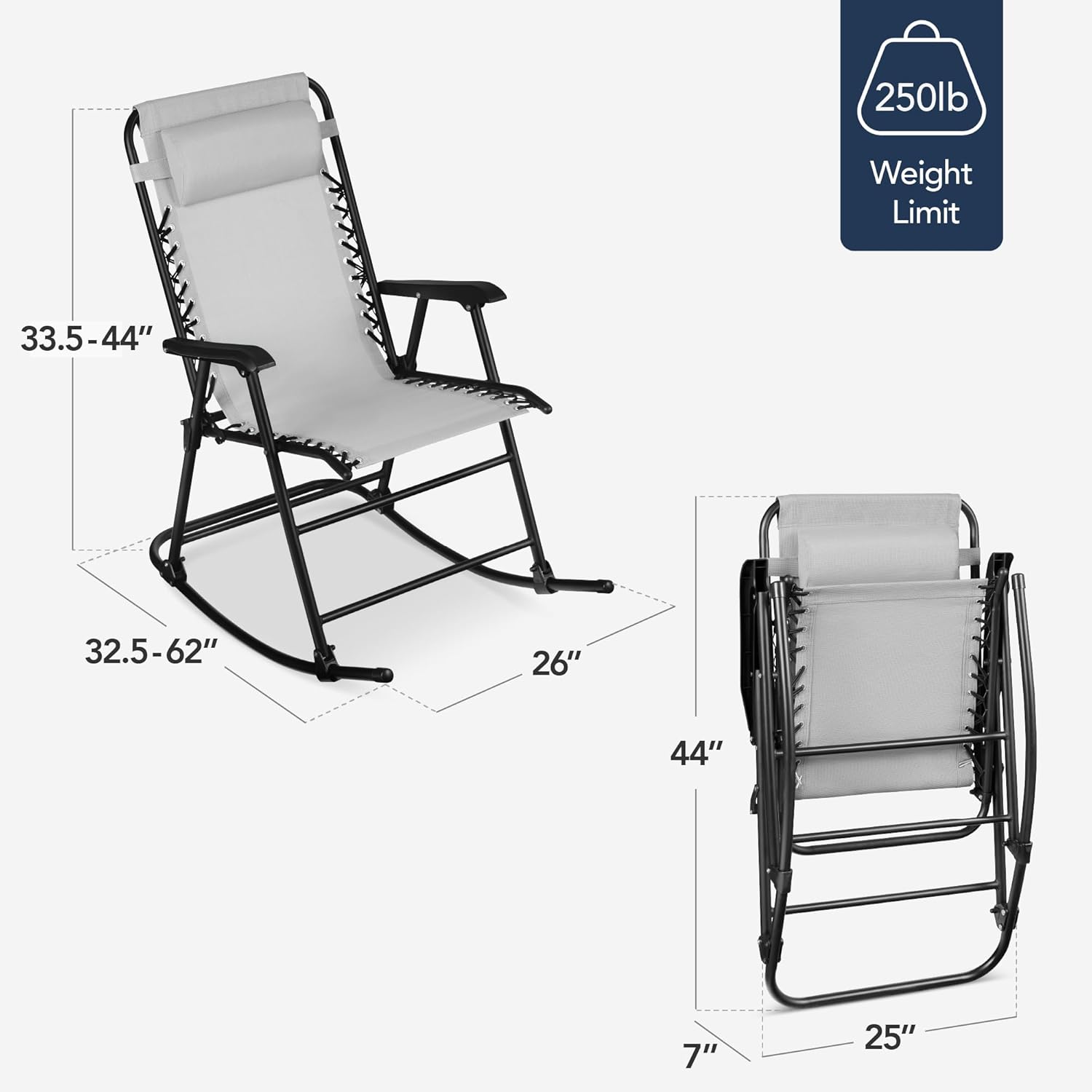 Arteva Living:  Outdoor Folding Rocking Chair, Zero Gravity Lounge Chair, Patio Rocker w/Headrest Pillow - Peacock Blue
