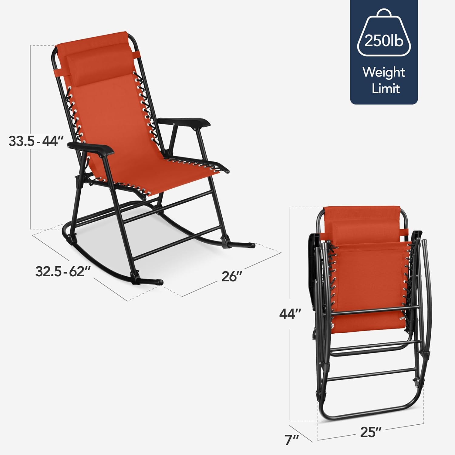Arteva Living:  Outdoor Folding Rocking Chair, Zero Gravity Lounge Chair, Patio Rocker w/Headrest Pillow - Peacock Blue