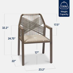 Arteva Living:  Outdoor Dining Arm Chair Set of 2, Aluminum Frame with Armrest, All-Weather Woven Rope Chair Design - Charcoal/Graphite