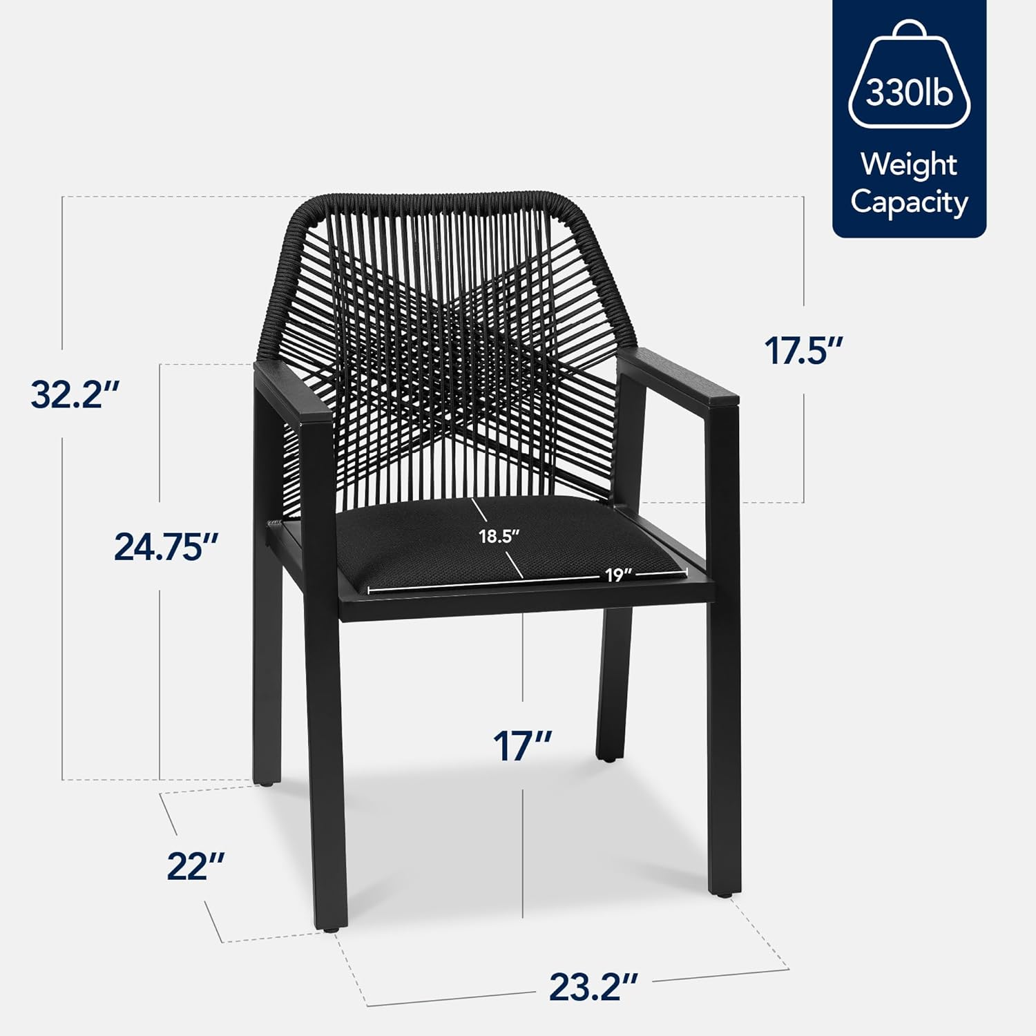 Arteva Living:  Outdoor Dining Arm Chair Set of 2, Aluminum Frame with Armrest, All-Weather Woven Rope Chair Design - Charcoal/Graphite