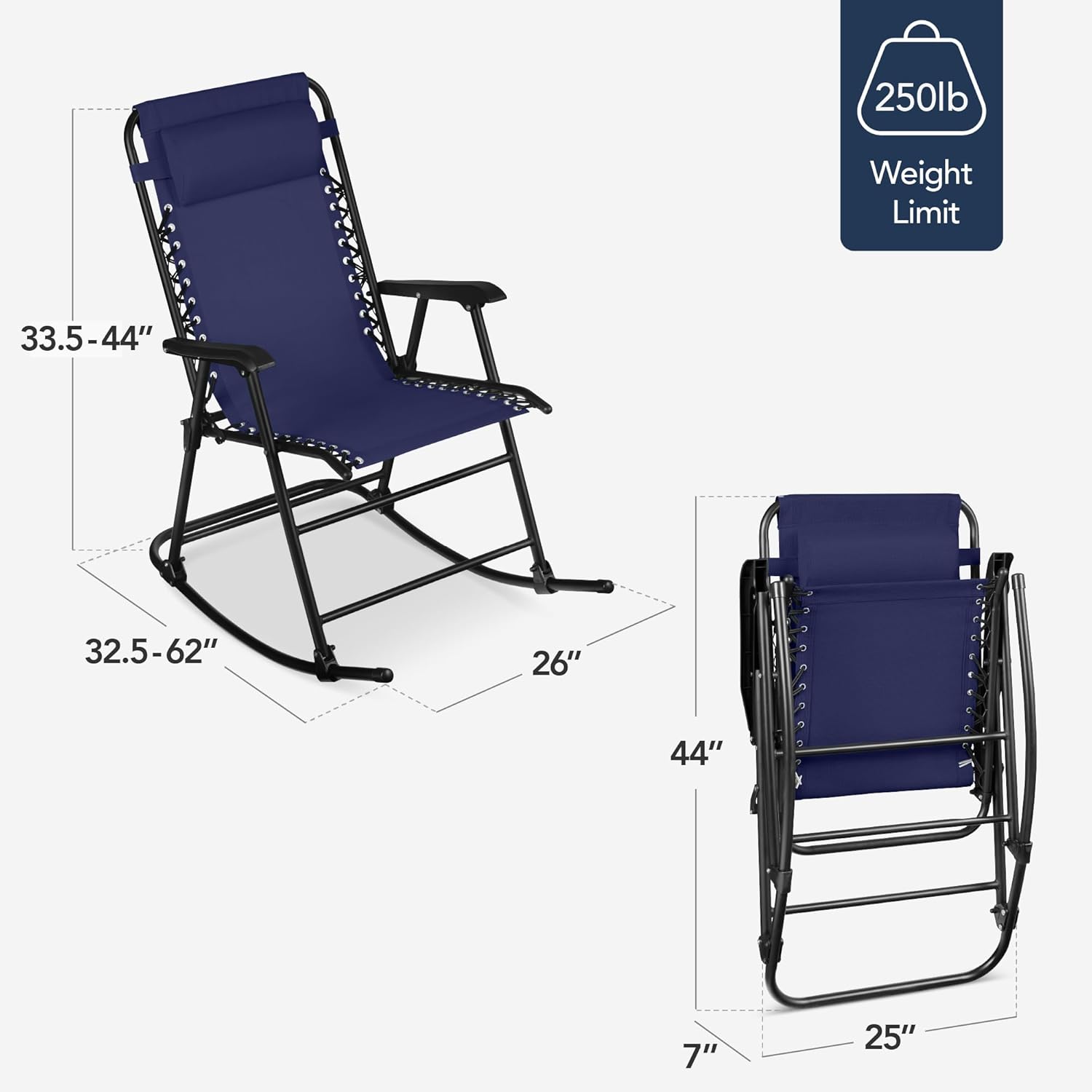 Arteva Living:  Outdoor Folding Rocking Chair, Zero Gravity Lounge Chair, Patio Rocker w/Headrest Pillow - Peacock Blue