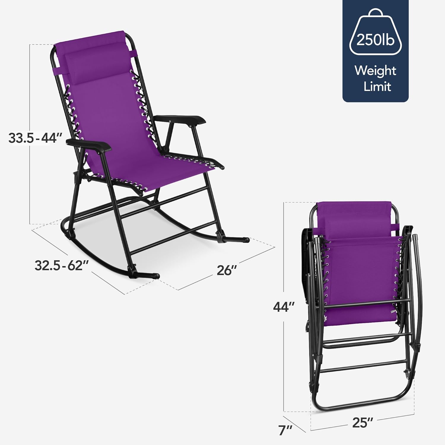 Arteva Living:  Outdoor Folding Rocking Chair, Zero Gravity Lounge Chair, Patio Rocker w/Headrest Pillow - Peacock Blue