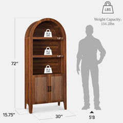 Arteva Living:  72in Tall Arched Pantry Cabinet w/Doors, 5-Tier Bookshelf, Armoire, Hutch, Bookcase, Storage Cabinet w/Adjustable Shelves - Black Oak