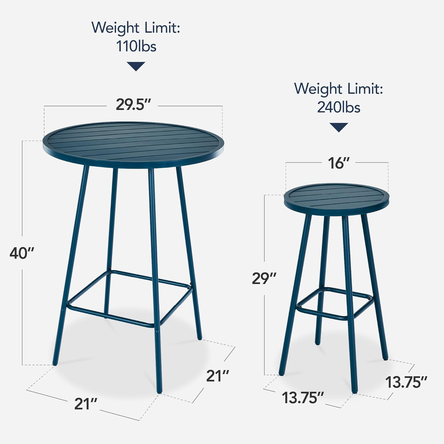 Arteva Living:  3-Piece Patio Dining Set, Bar Height, Outdoor Bistro Set, Outdoor Round Bar Table w/ 2 Bar Stools, Steel - Peacock Blue