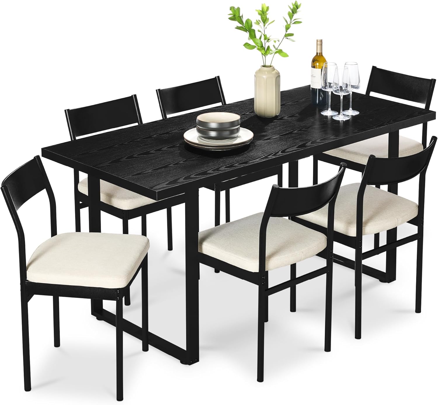 Arteva Living:  7-Piece Modern Dining Room Set, Kitchen Table Set, Dining Table w/ 6 Chairs, Upholstered Cushions, Solid Metal Frame, Curved Backrest - Black/Ivory