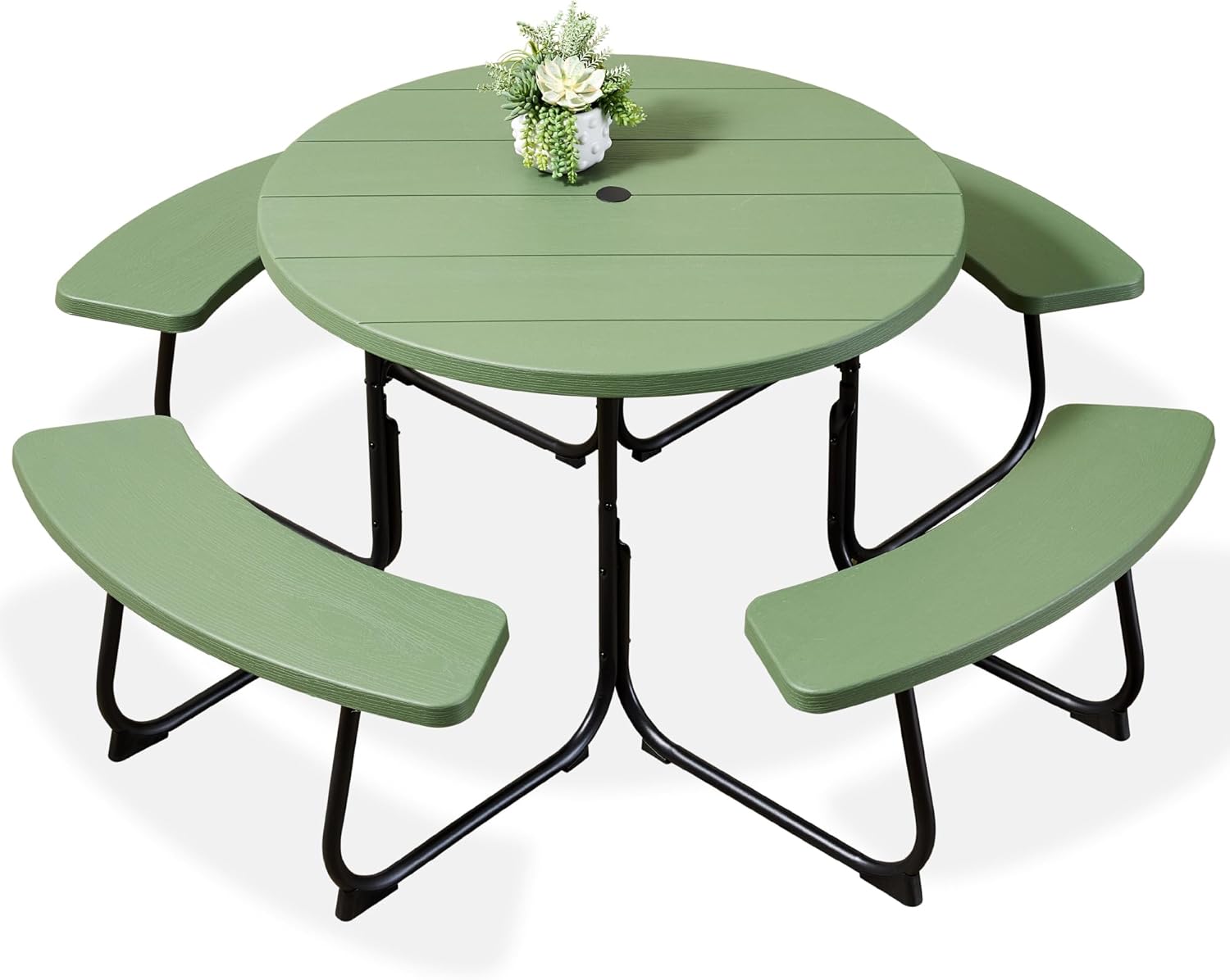 Arteva Living:  8-Person Outdoor Bench Patio Picnic Table, Circular w/ 4 Built-in Benches and Umbrella Hole, 2000lb Capacity - Green