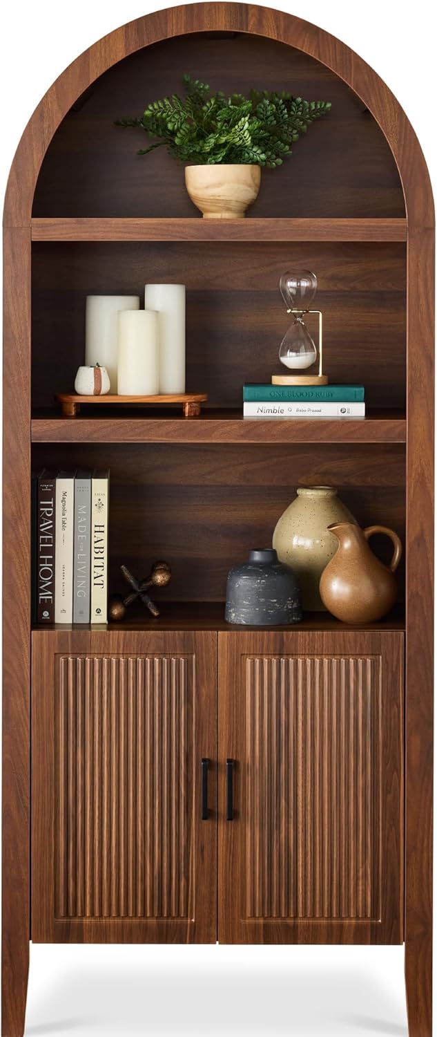 Arteva Living:  72in Tall Arched Pantry Cabinet w/Doors, 5-Tier Bookshelf, Armoire, Hutch, Bookcase, Storage Cabinet w/Adjustable Shelves - Black Oak
