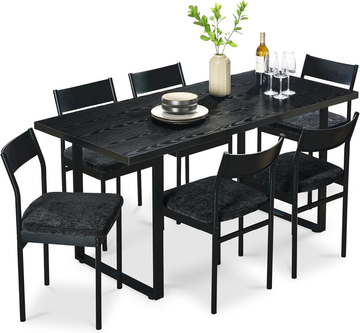 Arteva Living:  7-Piece Modern Dining Room Set, Kitchen Table Set, Dining Table w/ 6 Chairs, Upholstered Cushions, Solid Metal Frame, Curved Backrest - Black/Ivory