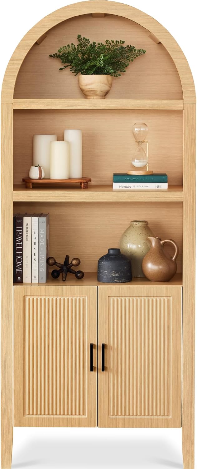 Arteva Living:  72in Tall Arched Pantry Cabinet w/Doors, 5-Tier Bookshelf, Armoire, Hutch, Bookcase, Storage Cabinet w/Adjustable Shelves - Black Oak