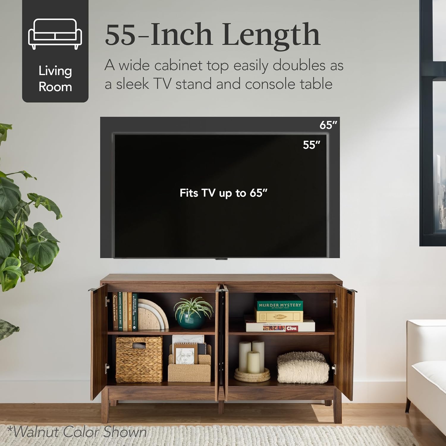 Arteva Living:  4-Door Large Reeded Storage Cabinet, Buffet Sideboard, Media Cabinet, Cupboard, Accent Console Table w/Adjustable Shelves – Natural
