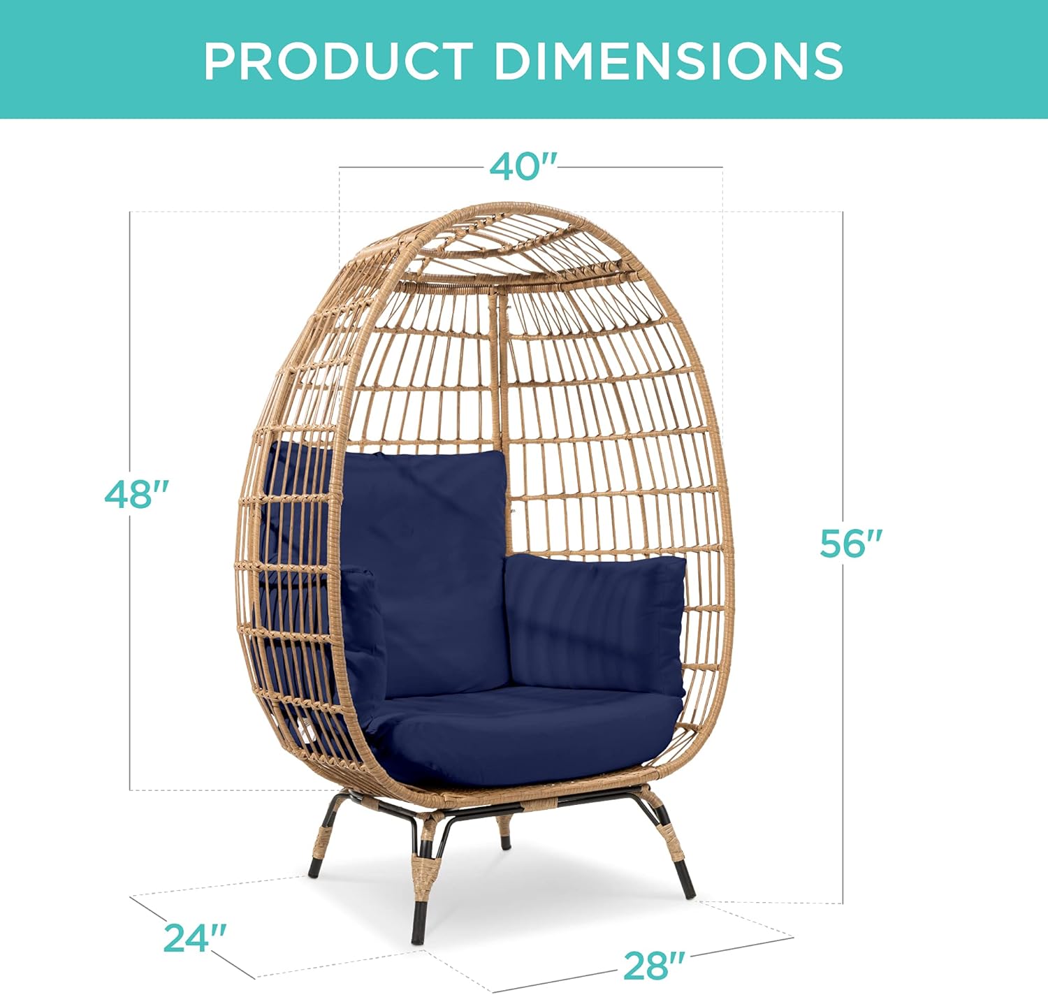 Arteva Living:  Wicker Egg Chair, Oversized Indoor Outdoor Lounger for Patio, Backyard, Living Room w/ 4 Cushions, Steel Frame, 440lb Capacity - Sage