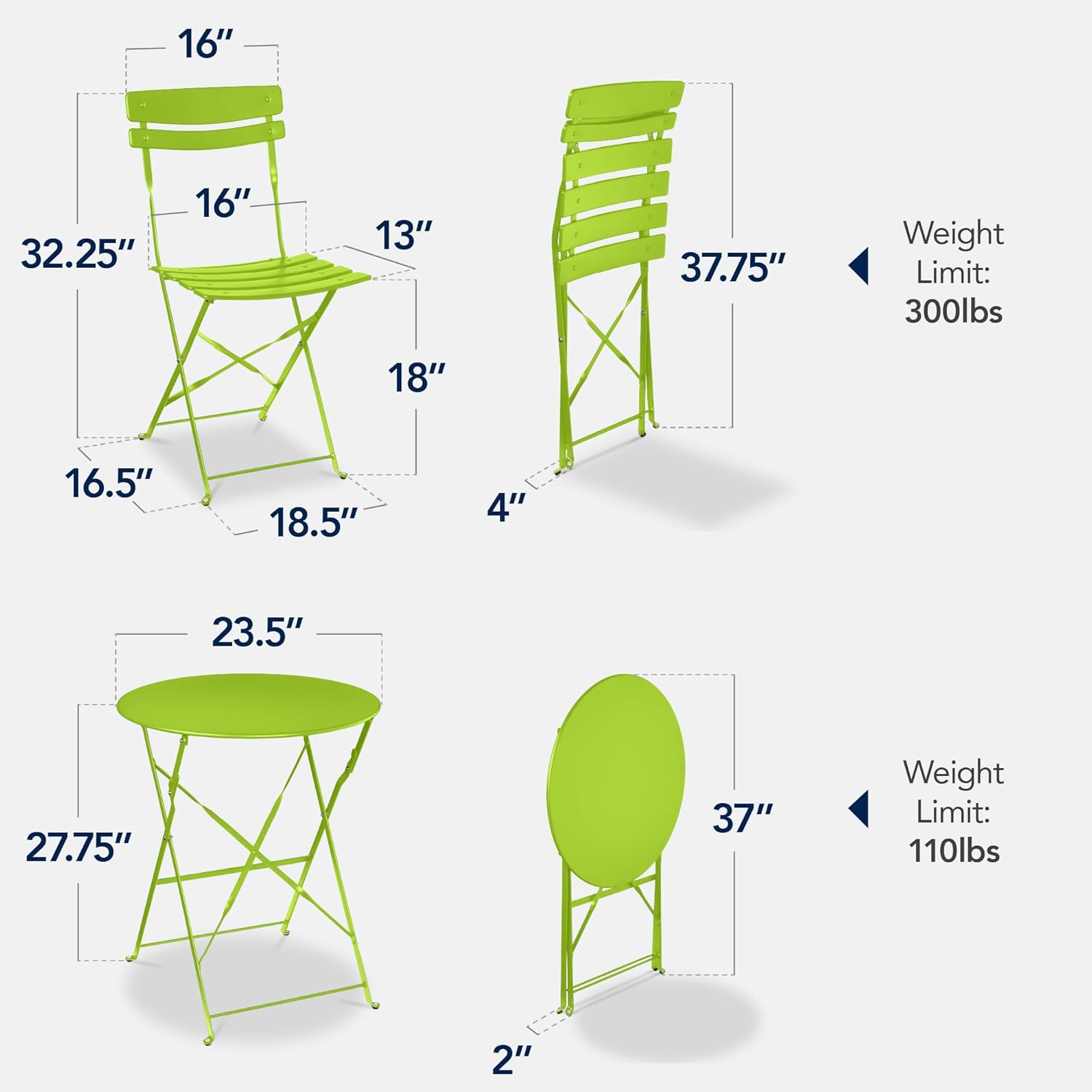 Arteva Living:  3-Piece Bistro Set, Space Saving Folding Design, Solid Steel, Outdoor Patio Furniture Set w/ 2 Chairs, Bistro Table - Sage