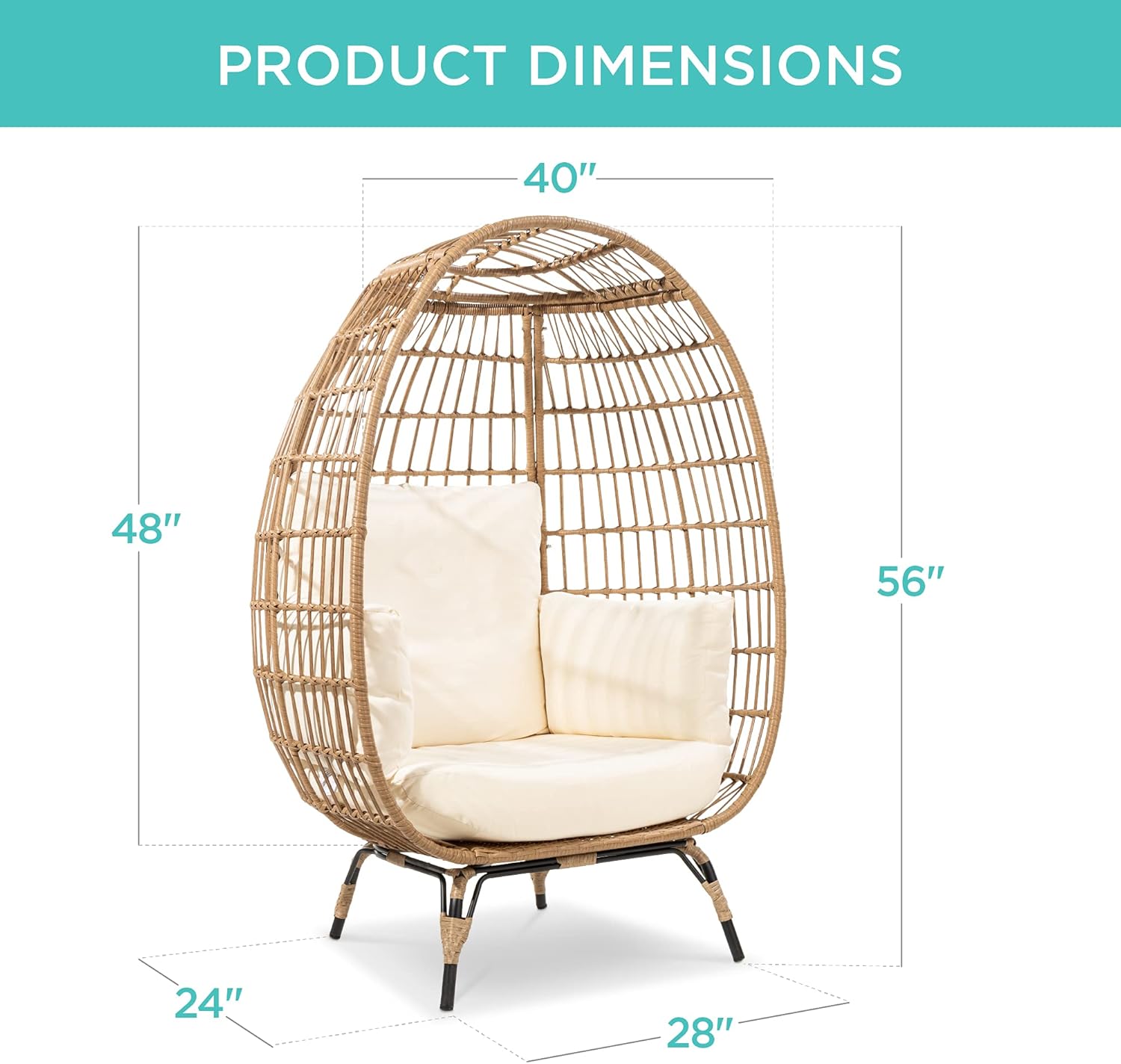 Arteva Living:  Wicker Egg Chair, Oversized Indoor Outdoor Lounger for Patio, Backyard, Living Room w/ 4 Cushions, Steel Frame, 440lb Capacity - Sage