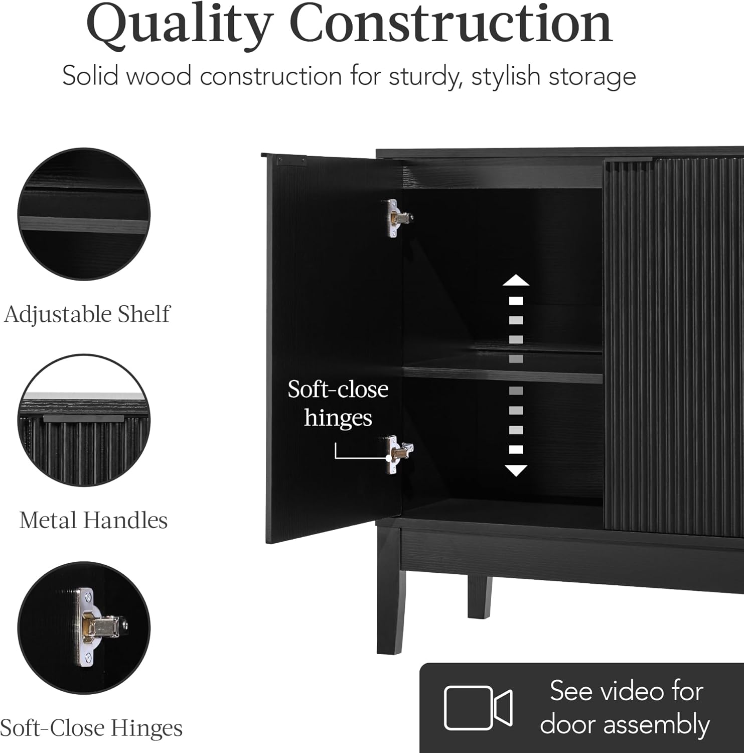 Arteva Living:  4-Door Large Reeded Storage Cabinet, Buffet Sideboard, Media Cabinet, Cupboard, Accent Console Table w/Adjustable Shelves – Natural