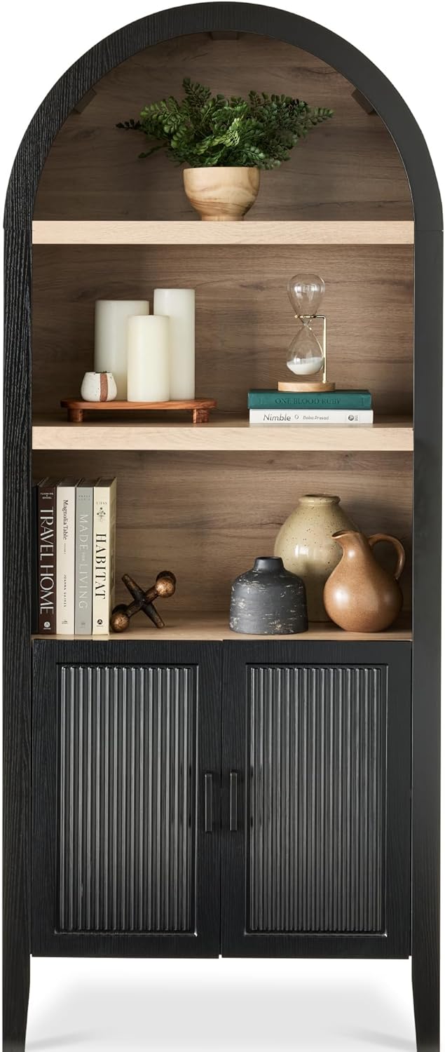 Arteva Living:  72in Tall Arched Pantry Cabinet w/Doors, 5-Tier Bookshelf, Armoire, Hutch, Bookcase, Storage Cabinet w/Adjustable Shelves - Black Oak
