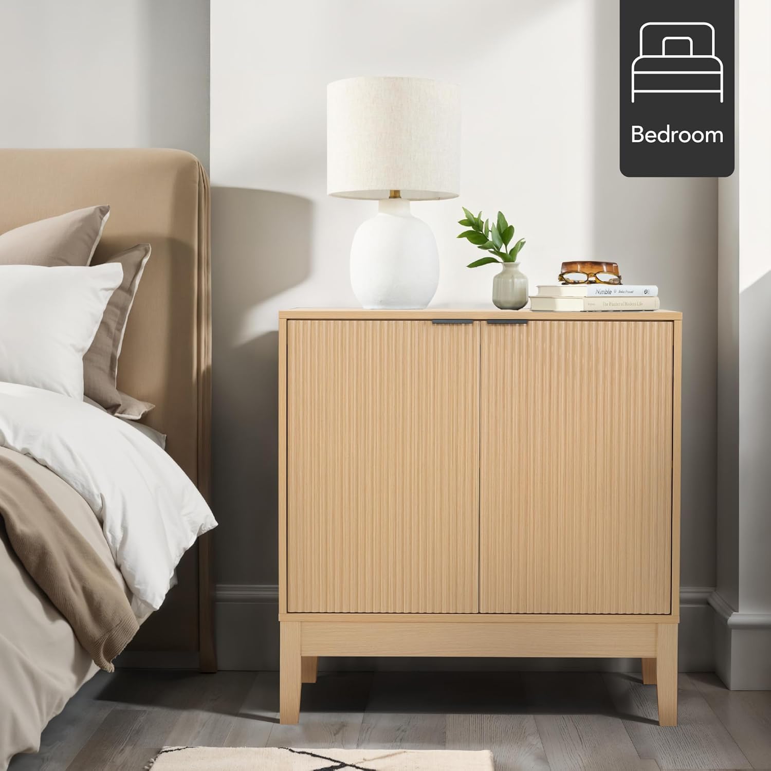 Arteva Living:  4-Door Large Reeded Storage Cabinet, Buffet Sideboard, Media Cabinet, Cupboard, Accent Console Table w/Adjustable Shelves – Natural