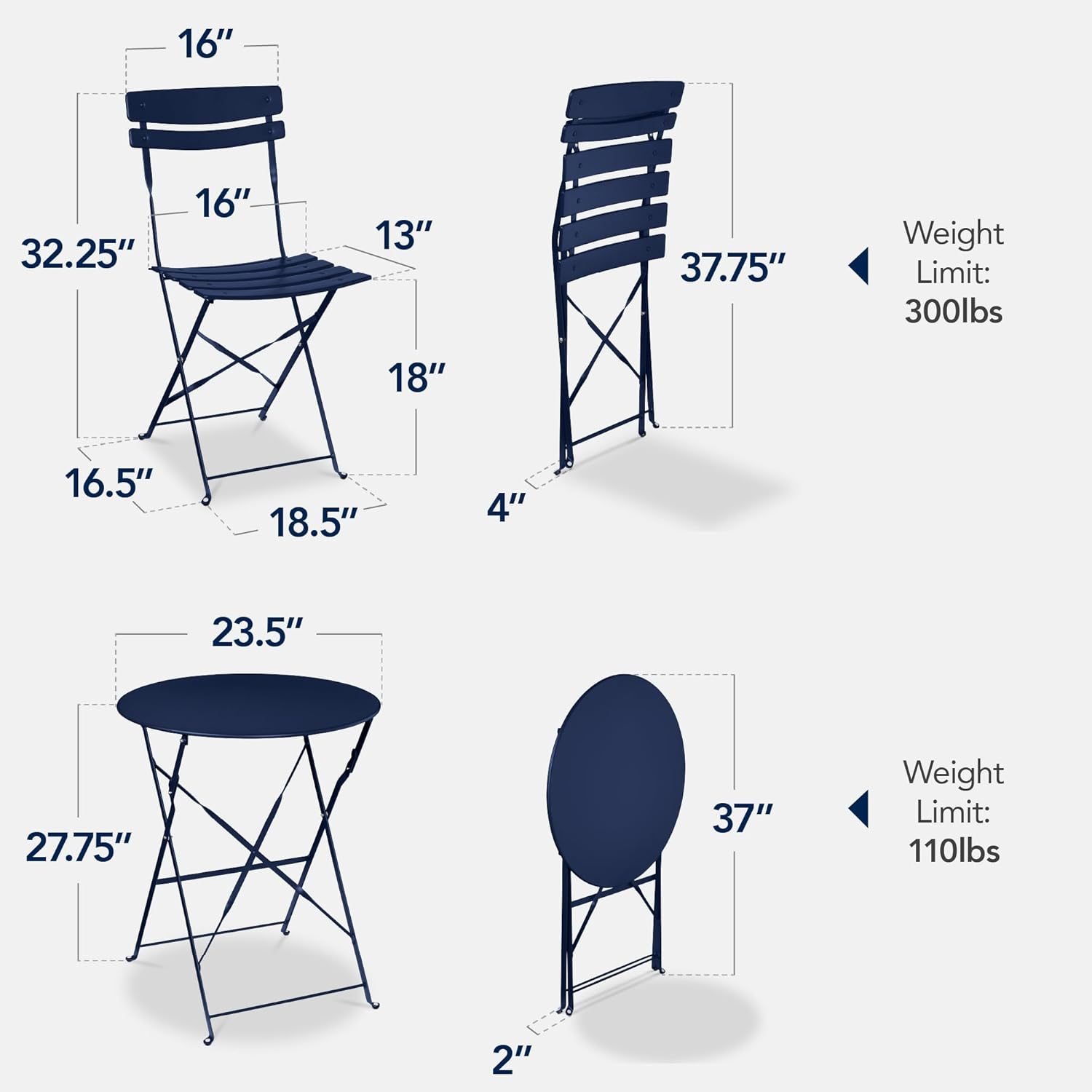 Arteva Living:  3-Piece Bistro Set, Space Saving Folding Design, Solid Steel, Outdoor Patio Furniture Set w/ 2 Chairs, Bistro Table - Sage