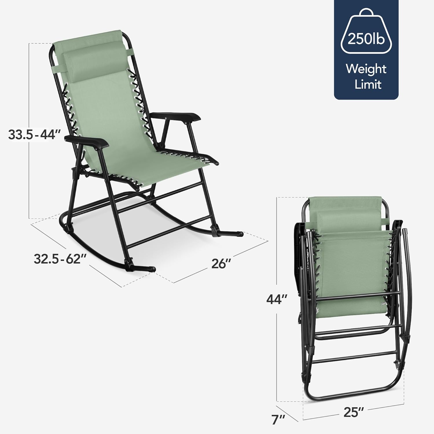 Arteva Living:  Outdoor Folding Rocking Chair, Zero Gravity Lounge Chair, Patio Rocker w/Headrest Pillow - Peacock Blue
