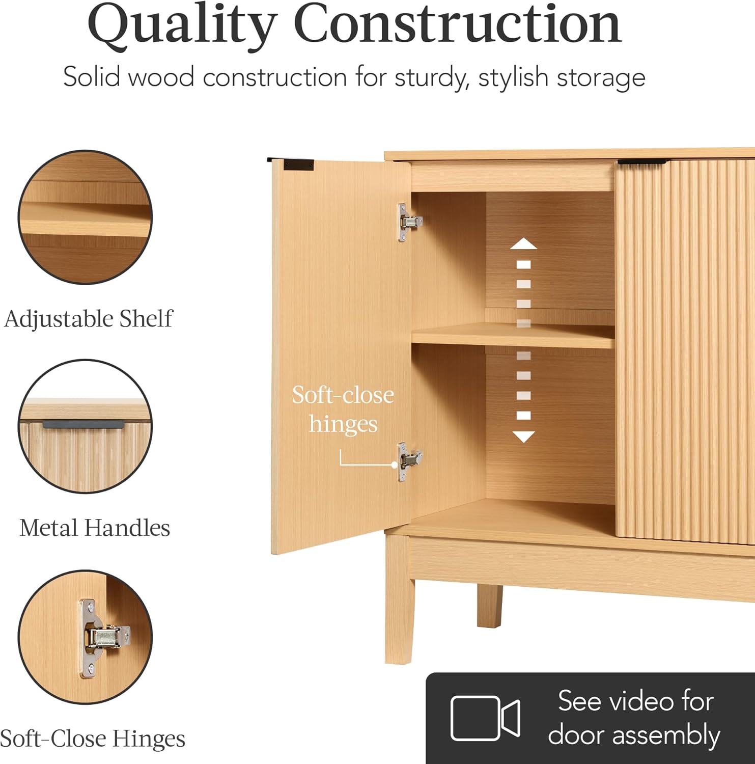 Arteva Living:  4-Door Large Reeded Storage Cabinet, Buffet Sideboard, Media Cabinet, Cupboard, Accent Console Table w/Adjustable Shelves – Natural