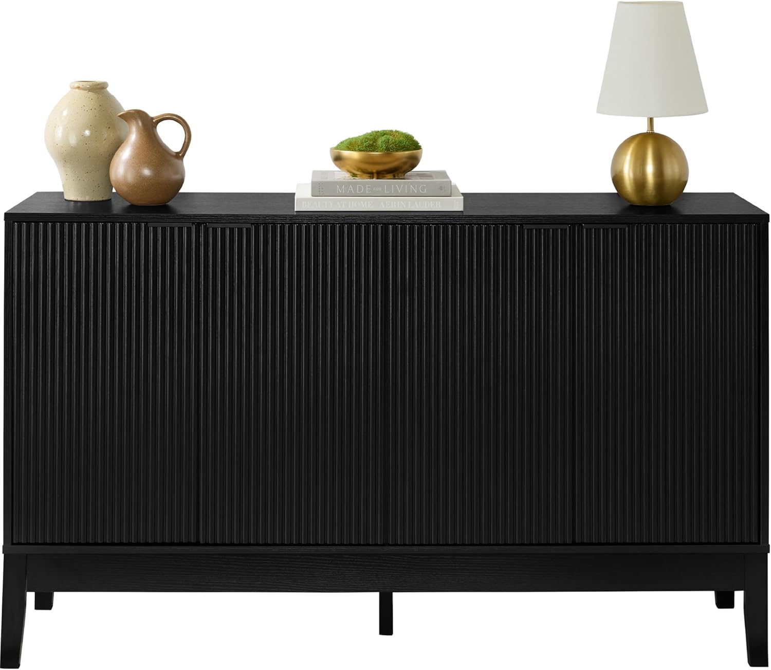 Arteva Living:  4-Door Large Reeded Storage Cabinet, Buffet Sideboard, Media Cabinet, Cupboard, Accent Console Table w/Adjustable Shelves – Natural