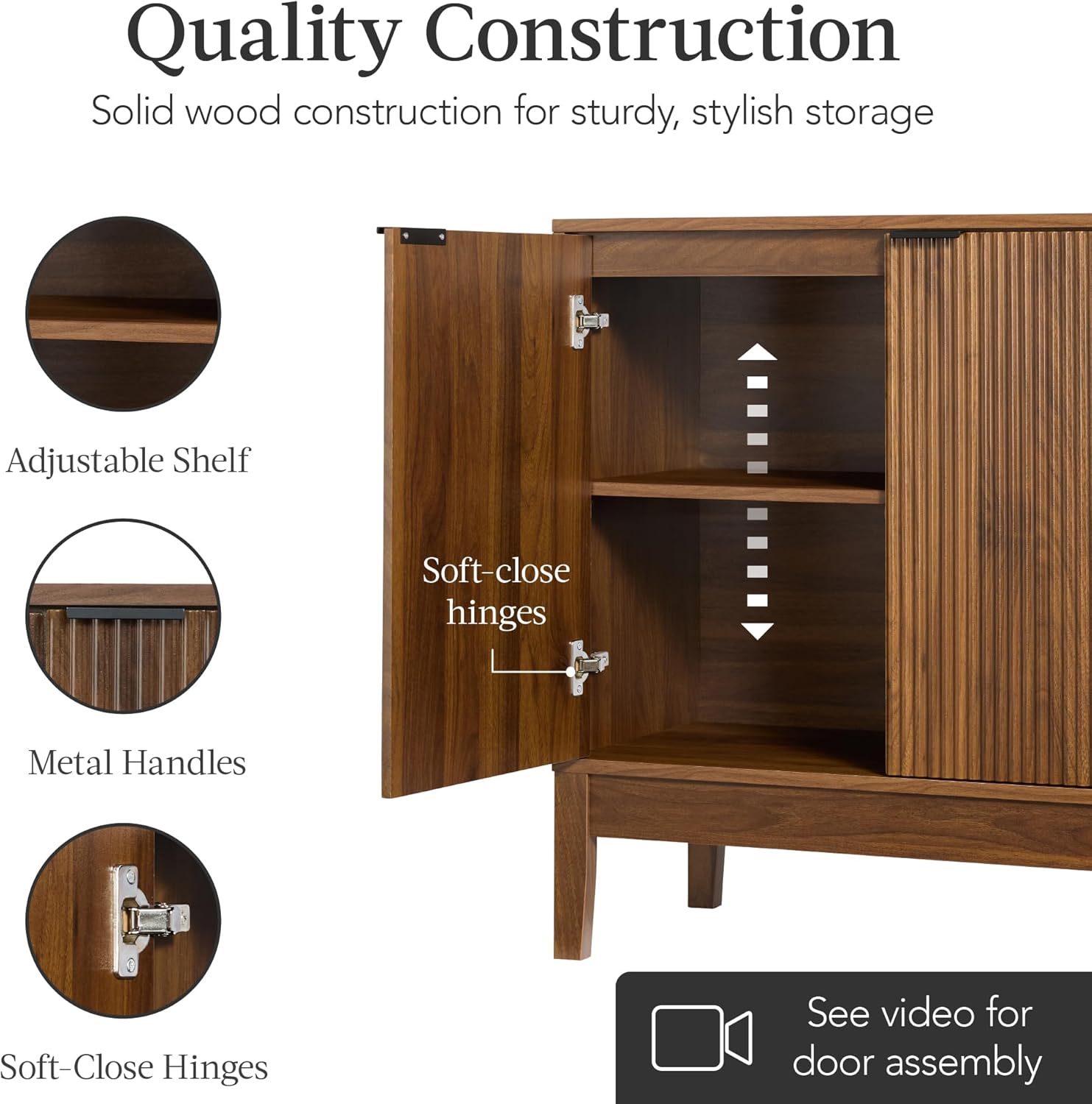 Arteva Living:  4-Door Large Reeded Storage Cabinet, Buffet Sideboard, Media Cabinet, Cupboard, Accent Console Table w/Adjustable Shelves – Natural