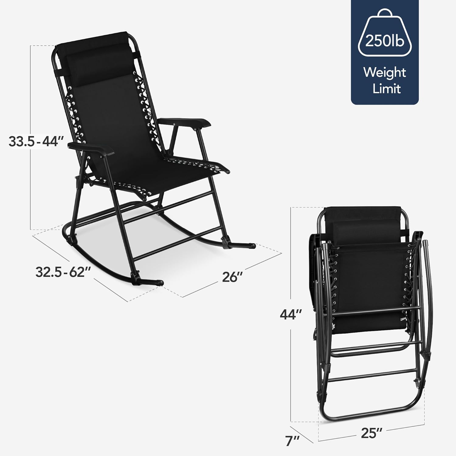 Arteva Living:  Outdoor Folding Rocking Chair, Zero Gravity Lounge Chair, Patio Rocker w/Headrest Pillow - Peacock Blue