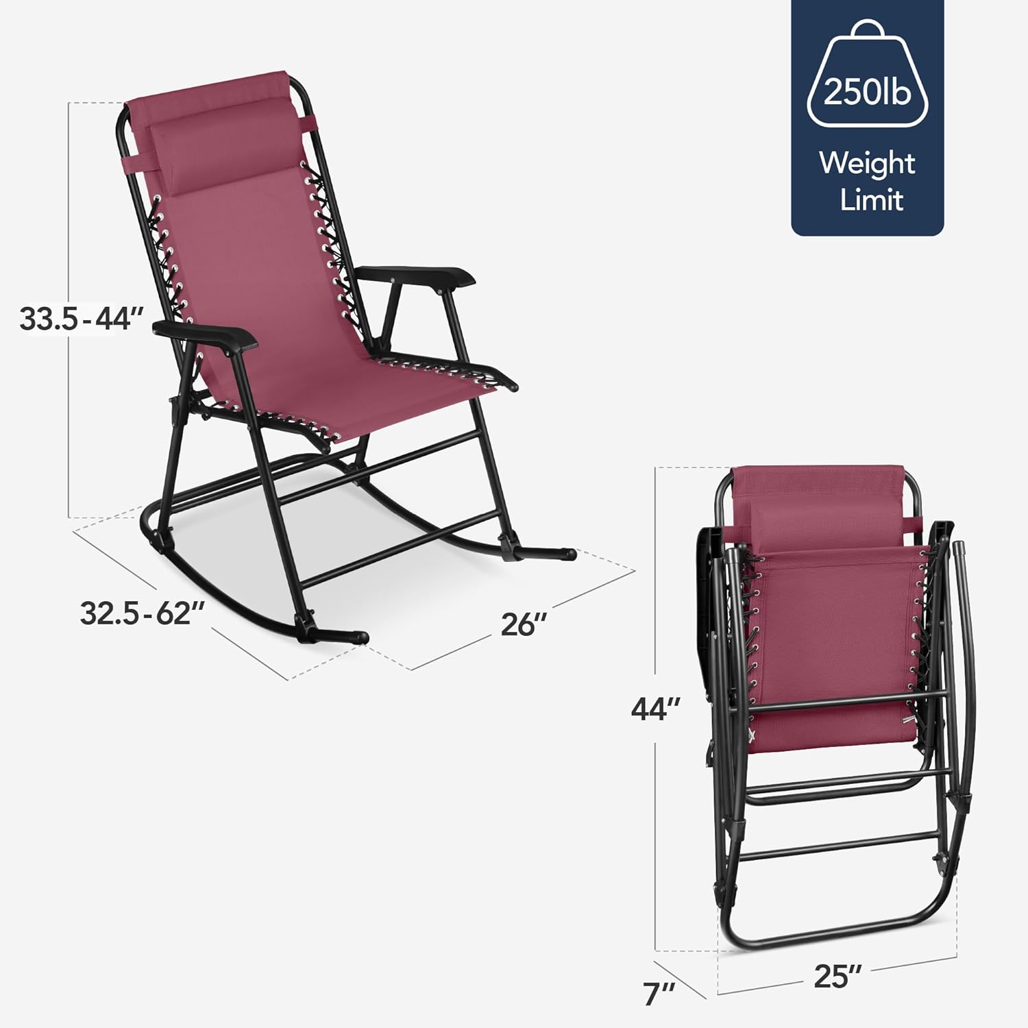 Arteva Living:  Outdoor Folding Rocking Chair, Zero Gravity Lounge Chair, Patio Rocker w/Headrest Pillow - Peacock Blue
