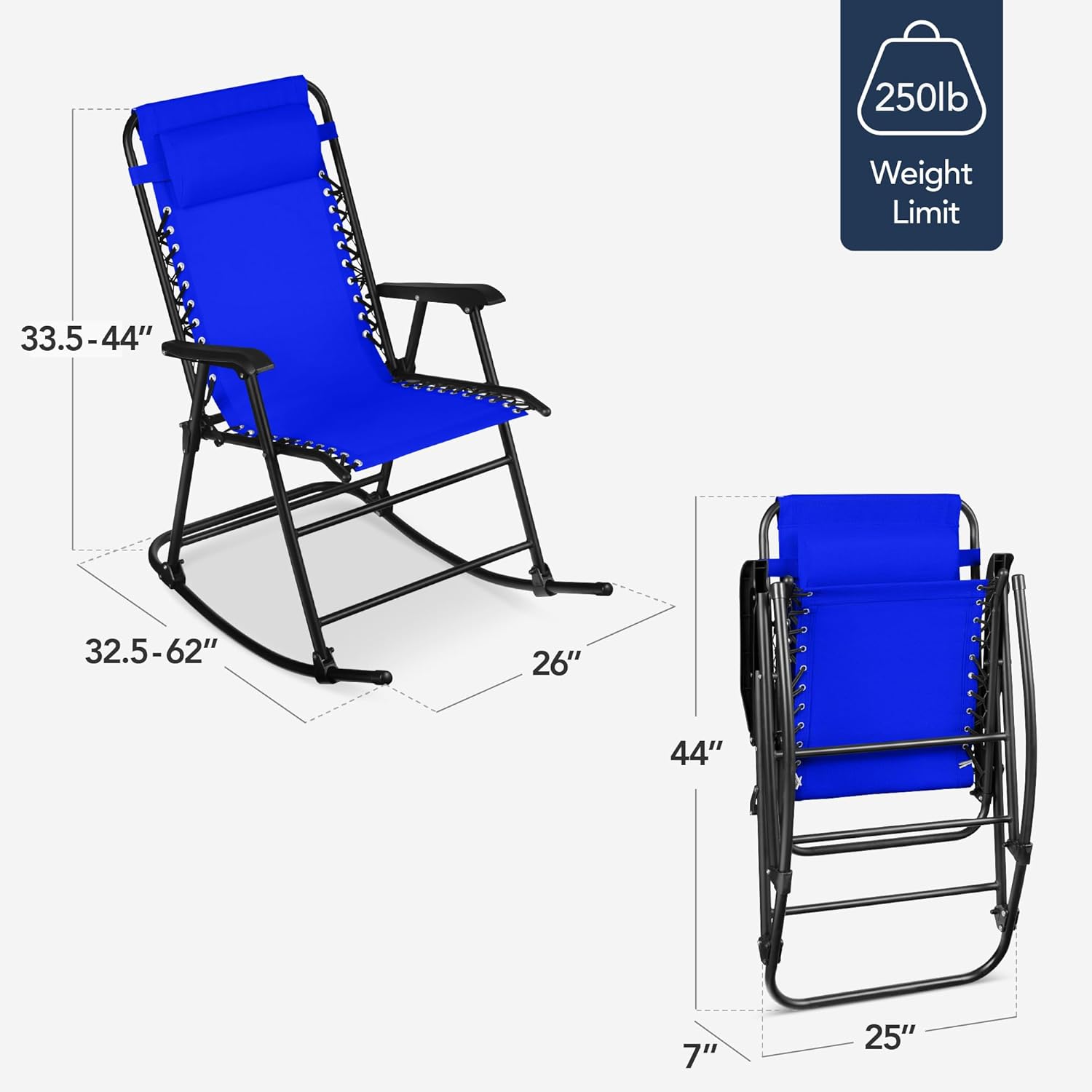 Arteva Living:  Outdoor Folding Rocking Chair, Zero Gravity Lounge Chair, Patio Rocker w/Headrest Pillow - Peacock Blue