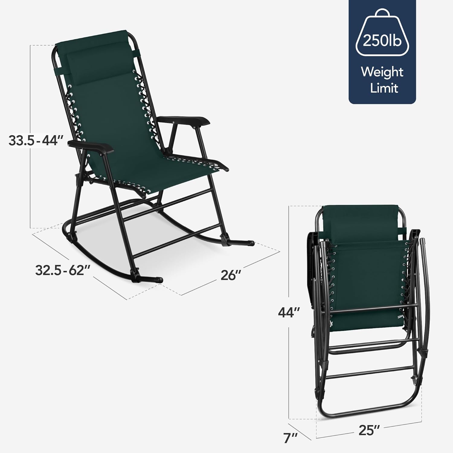 Arteva Living:  Outdoor Folding Rocking Chair, Zero Gravity Lounge Chair, Patio Rocker w/Headrest Pillow - Peacock Blue