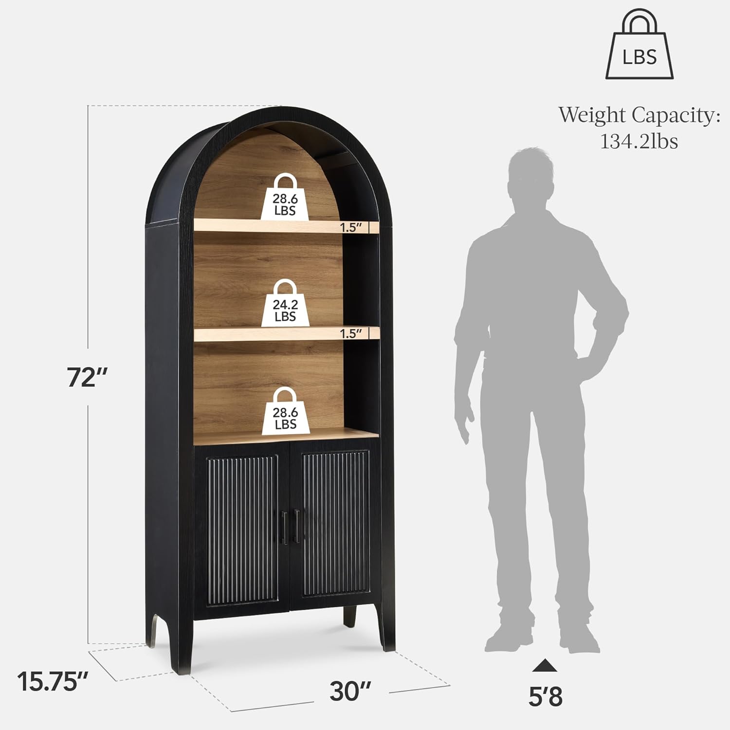 Arteva Living:  72in Tall Arched Pantry Cabinet w/Doors, 5-Tier Bookshelf, Armoire, Hutch, Bookcase, Storage Cabinet w/Adjustable Shelves - Black Oak