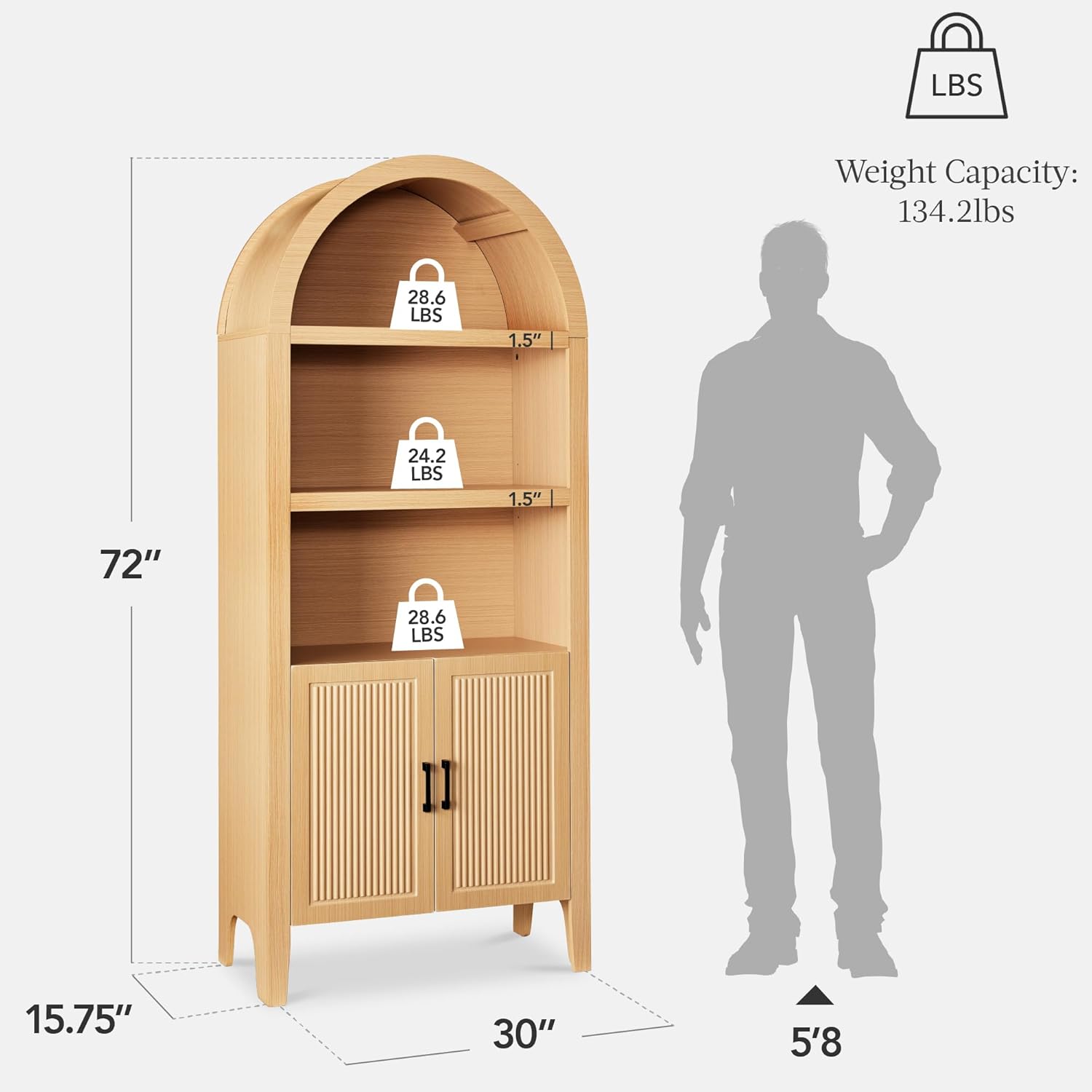 Arteva Living:  72in Tall Arched Pantry Cabinet w/Doors, 5-Tier Bookshelf, Armoire, Hutch, Bookcase, Storage Cabinet w/Adjustable Shelves - Black Oak