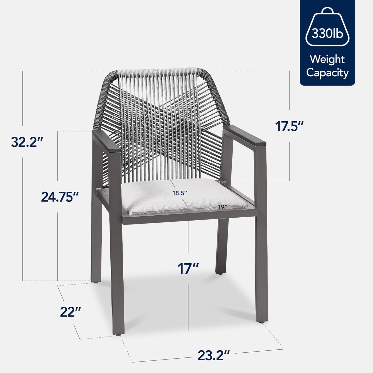 Arteva Living:  Outdoor Dining Arm Chair Set of 2, Aluminum Frame with Armrest, All-Weather Woven Rope Chair Design - Charcoal/Graphite