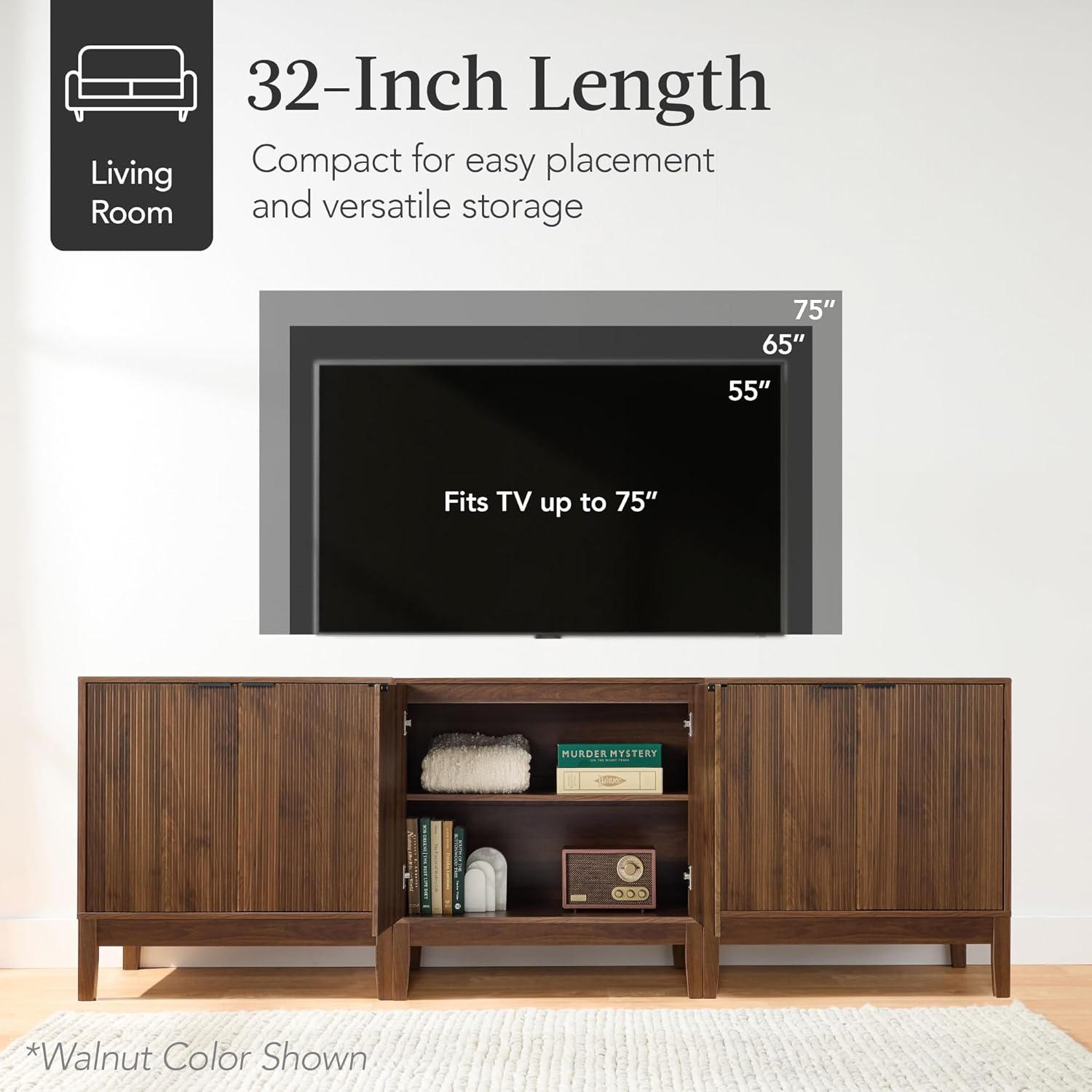 Arteva Living:  4-Door Large Reeded Storage Cabinet, Buffet Sideboard, Media Cabinet, Cupboard, Accent Console Table w/Adjustable Shelves – Natural