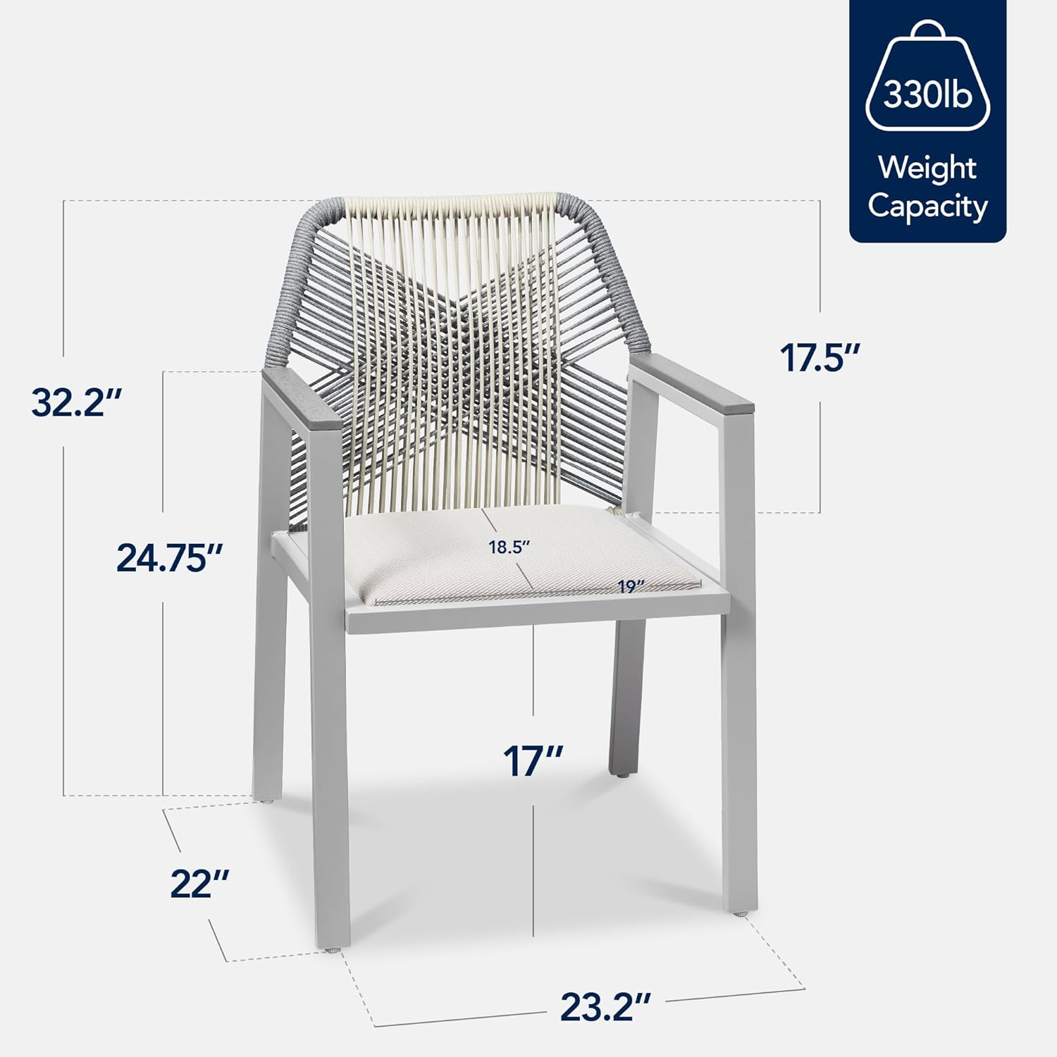 Arteva Living:  Outdoor Dining Arm Chair Set of 2, Aluminum Frame with Armrest, All-Weather Woven Rope Chair Design - Charcoal/Graphite