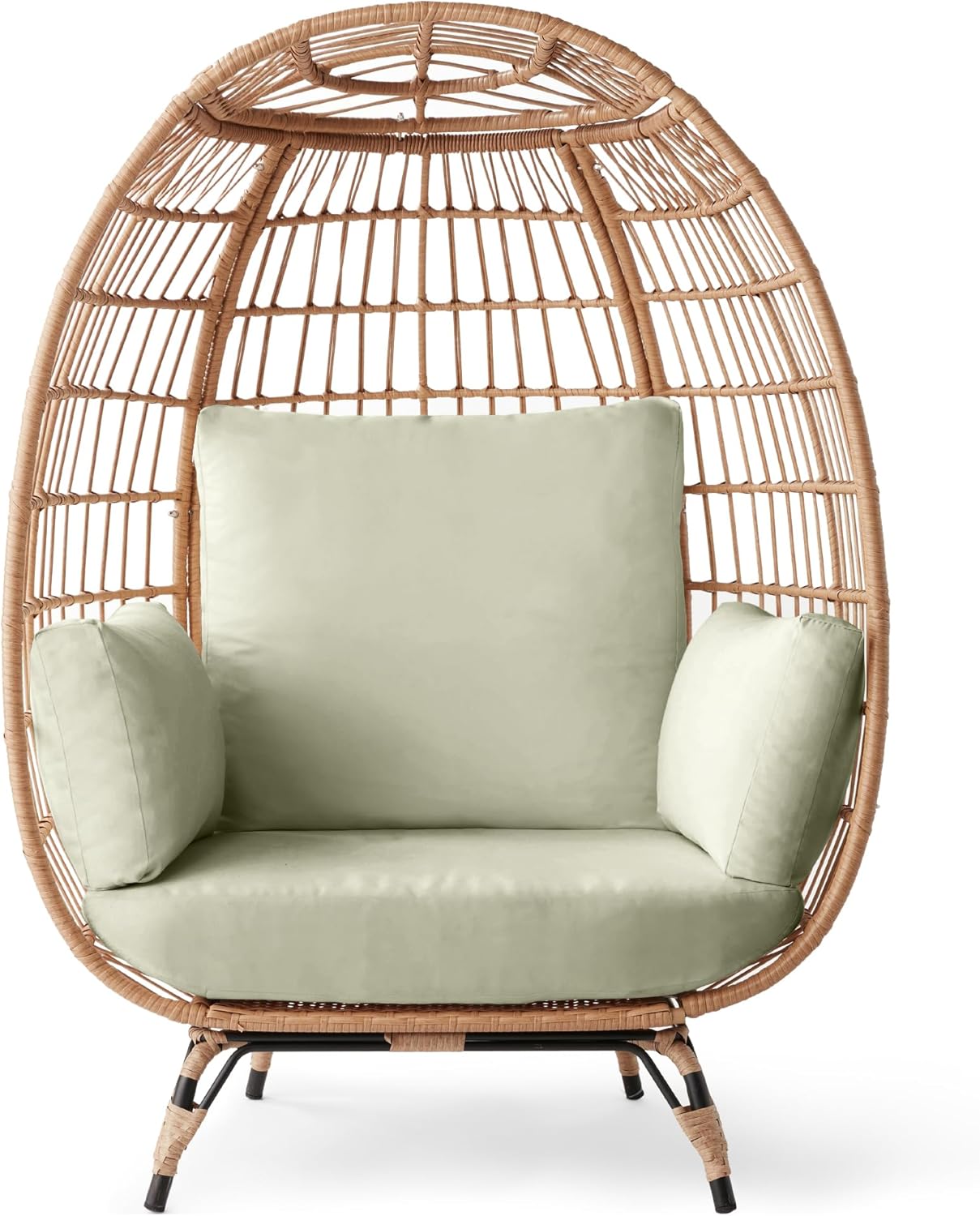 Arteva Living:  Wicker Egg Chair, Oversized Indoor Outdoor Lounger for Patio, Backyard, Living Room w/ 4 Cushions, Steel Frame, 440lb Capacity - Sage