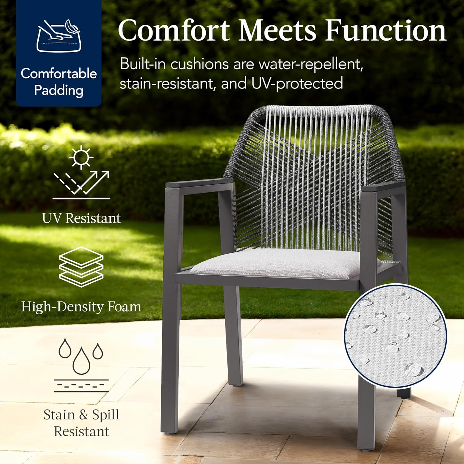 Arteva Living:  Outdoor Dining Arm Chair Set of 2, Aluminum Frame with Armrest, All-Weather Woven Rope Chair Design - Charcoal/Graphite