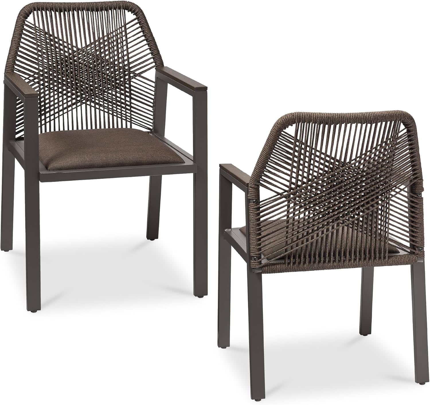 Arteva Living:  Outdoor Dining Arm Chair Set of 2, Aluminum Frame with Armrest, All-Weather Woven Rope Chair Design - Charcoal/Graphite