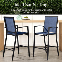 Arteva Living:  Outdoor Bar Stools Set of 2, Bar Height, Patio Furniture, All Weather Mesh Design w/Armrest - Black/Navy